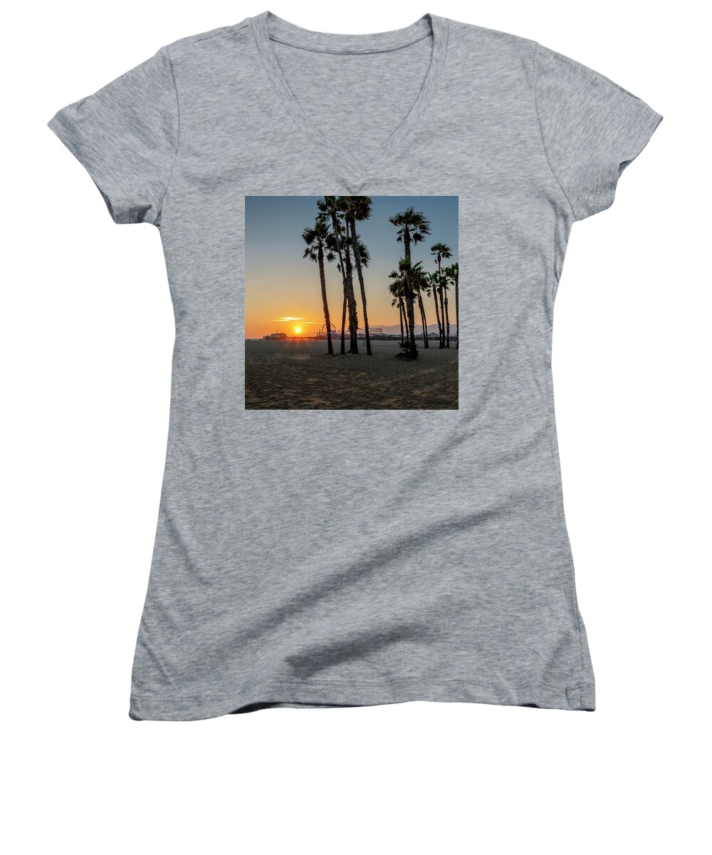 Santa Monica Pier Women's V-Neck featuring the photograph The Pier At Sunset - Square by Gene Parks