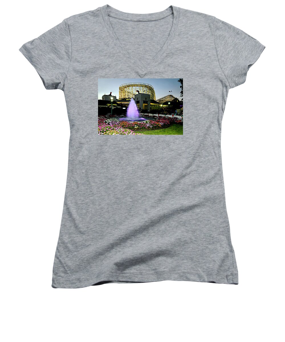 Rye Playland Women's V-Neck featuring the photograph The Pink Fountain by Diana Angstadt