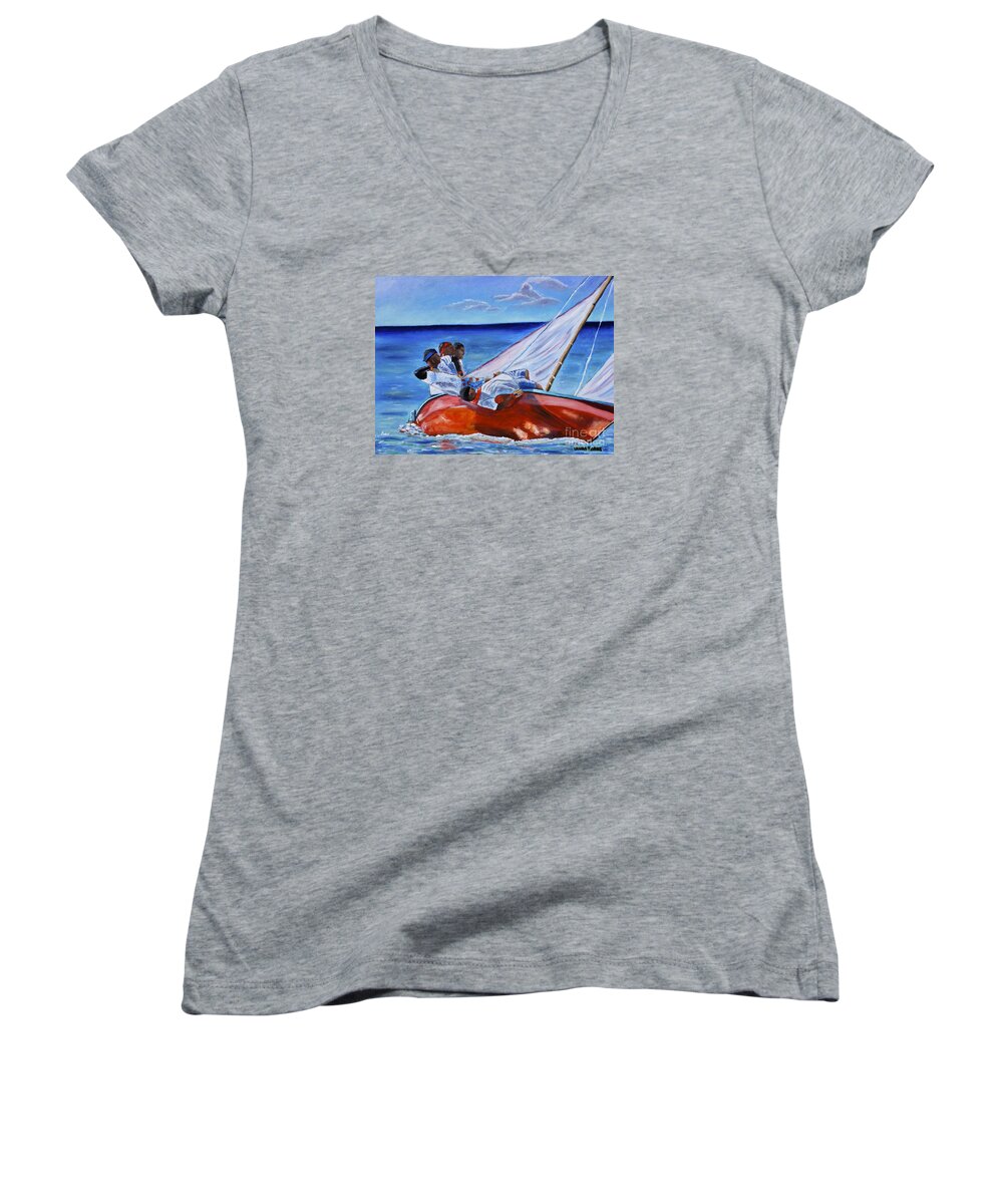 Red Sail Boat Women's V-Neck featuring the painting The Red Boat by Laura Forde