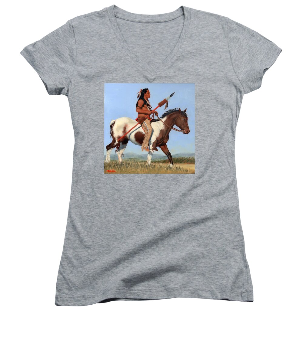 Native American Women's V-Neck featuring the painting On The Lookout by Margaret Stockdale