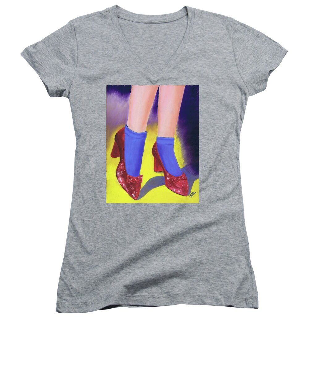 Wizard Of Oz Women's V-Neck featuring the painting The Ruby Slippers by Lisa Crisman