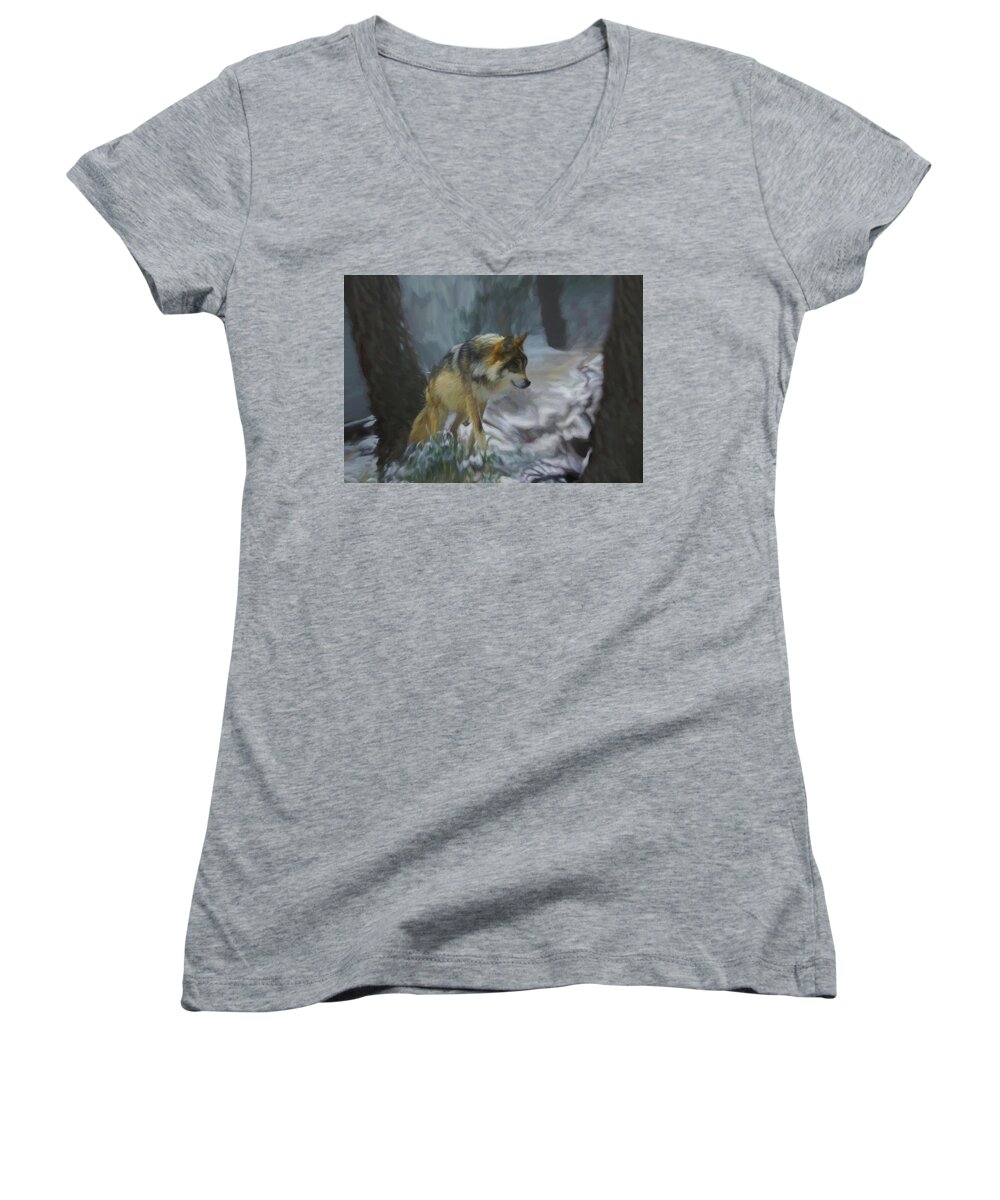 Wolf Women's V-Neck featuring the digital art The Searching Wolf by Ernest Echols