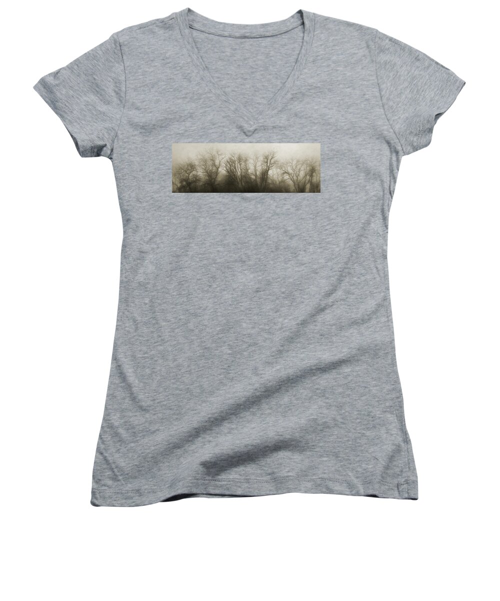 Foggy Women's V-Neck featuring the photograph The Secrets of the Trees by Scott Norris