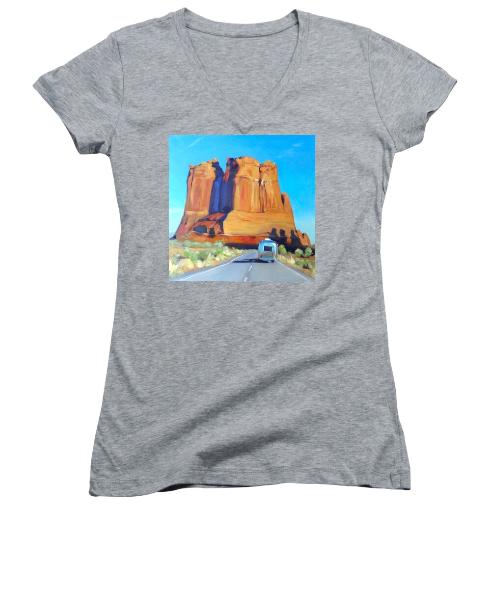 Airstream Art Women's V-Neck featuring the painting The Shadow of the Three Gossips Arches Utah by Elizabeth Jose