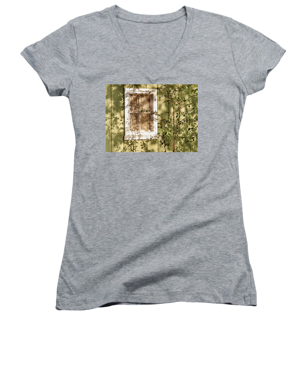 Bonnie Follett Women's V-Neck featuring the photograph The Shed Window by Bonnie Follett