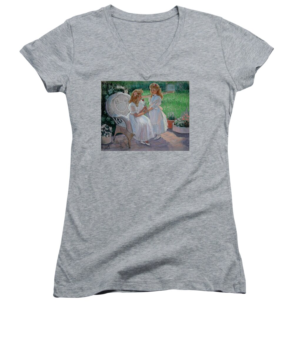 Impressionistic Women's V-Neck featuring the painting The Sister's Garden by Sue Halstenberg