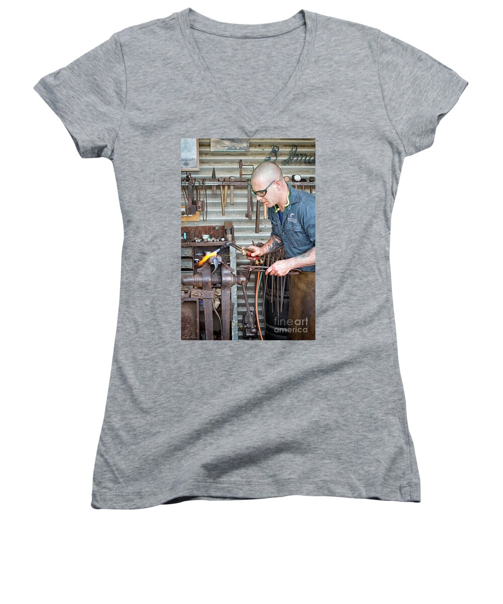 Blacksmith Women's V-Neck featuring the photograph The Smithy by Linda Lees
