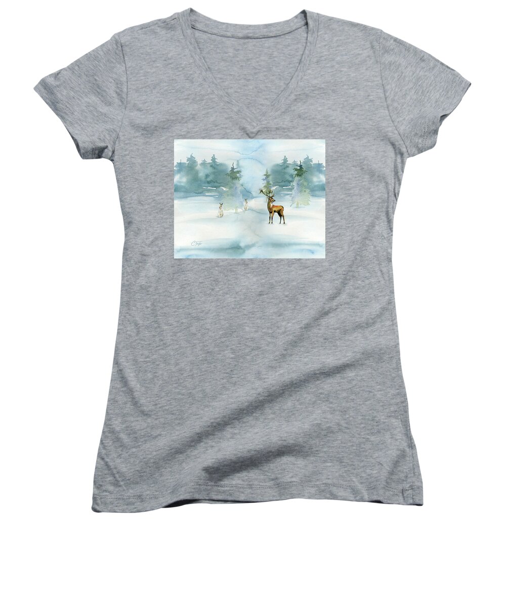 Deer Women's V-Neck featuring the digital art The Soft Arrival of Winter by Colleen Taylor