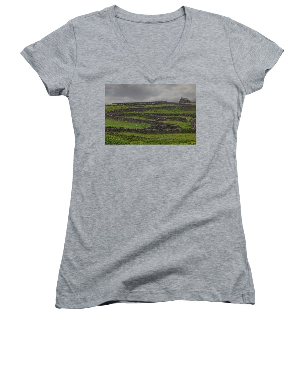 Innis Oirr Women's V-Neck featuring the photograph The Stone Walls of Innisheer by Teresa Wilson
