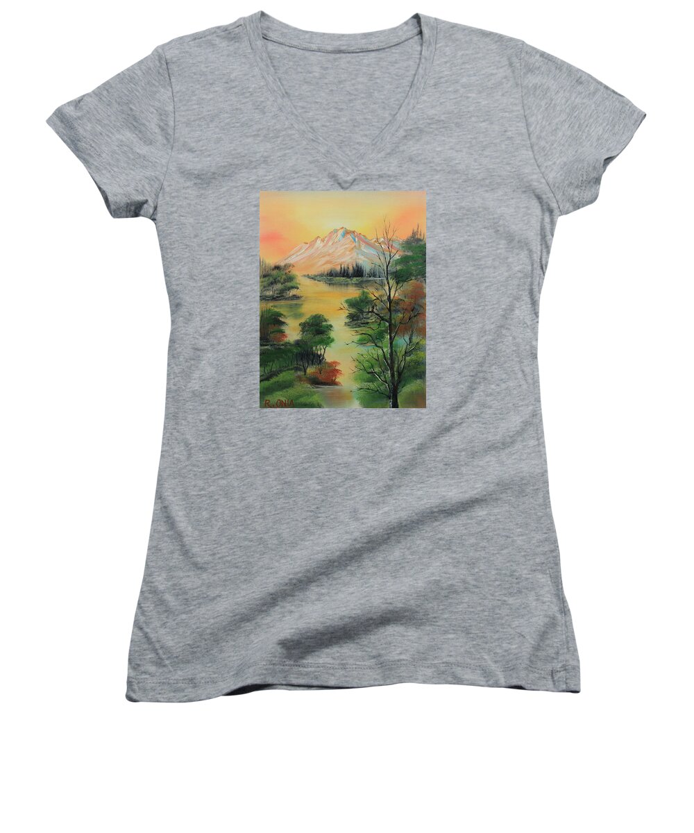 Orange Mountain Women's V-Neck featuring the painting The Swamp 2 by Remegio Onia