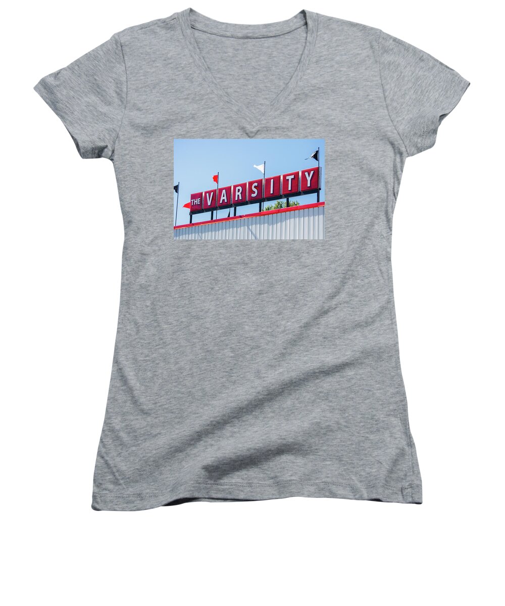 The Varsity Women's V-Neck featuring the photograph The Varsity Sign by Parker Cunningham