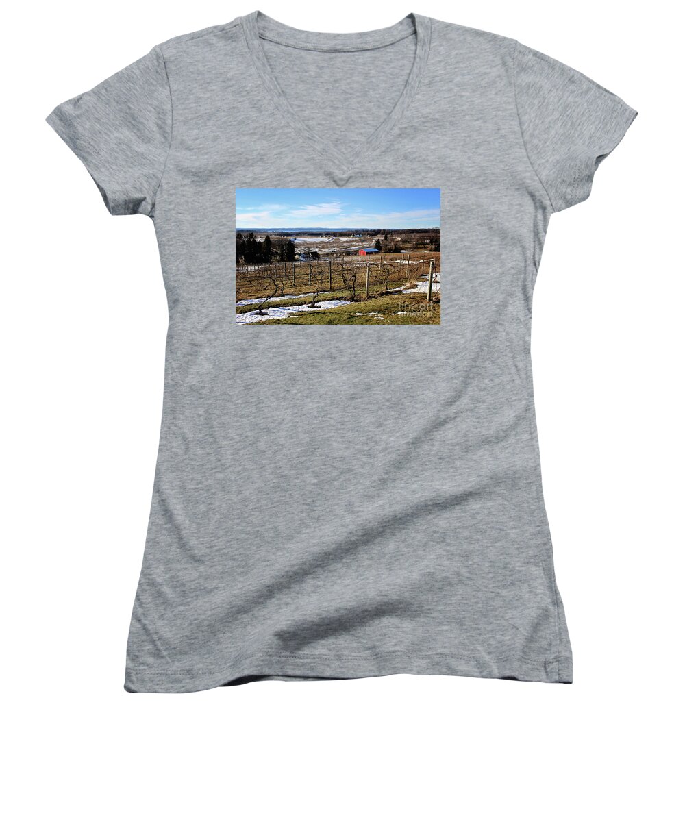 Vineyard Women's V-Neck featuring the photograph The Vineyard on Old Mission by Laura Kinker