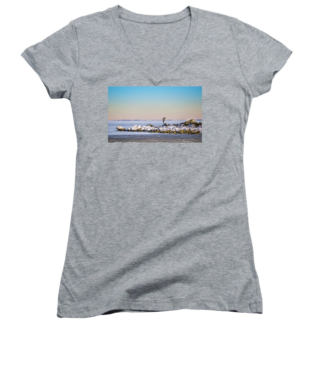Alone Women's V-Neck featuring the photograph The Winter Heron by Patrick Wolf