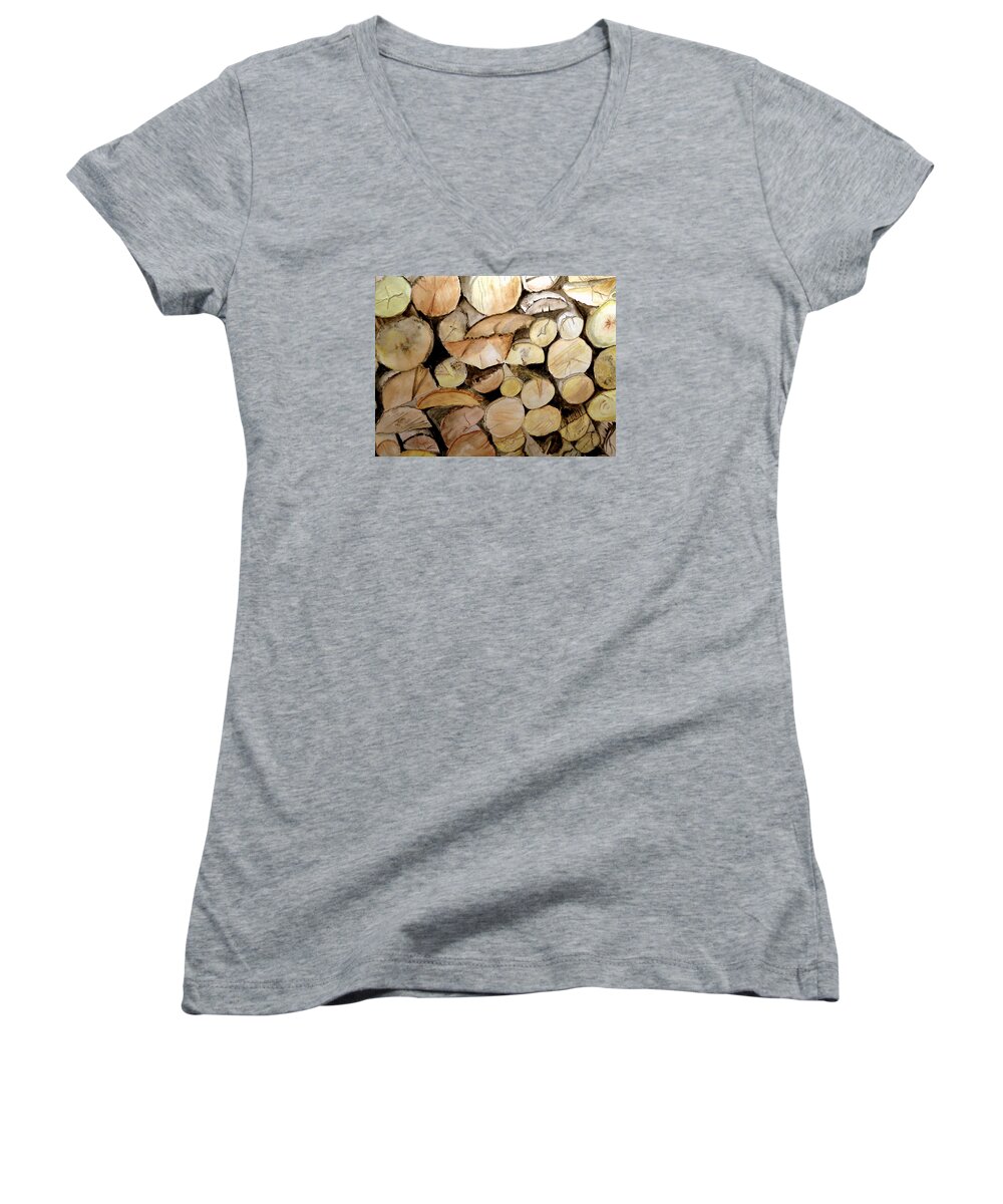 Wood Women's V-Neck featuring the painting The Woodpile by Carol Grimes