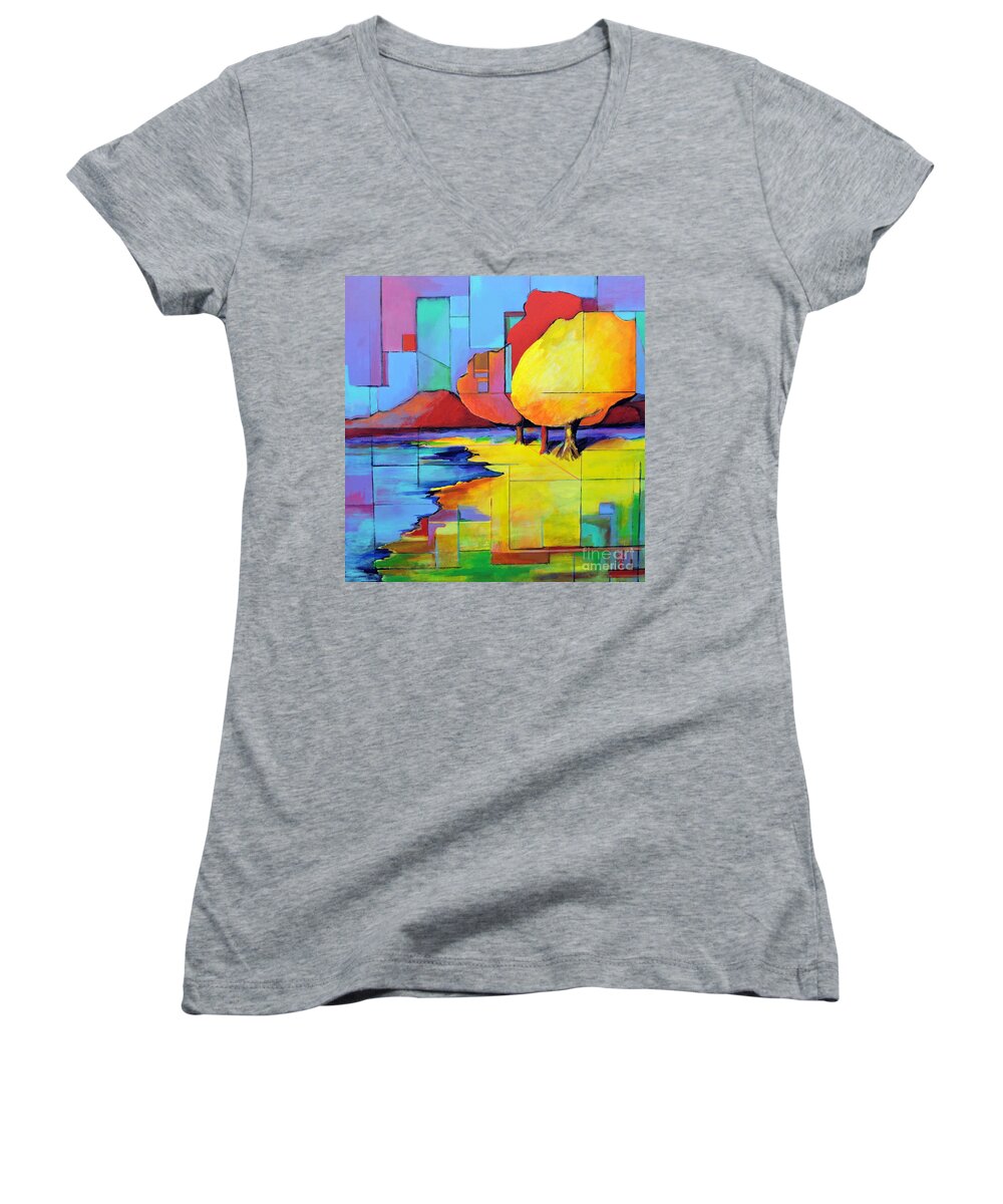 Landscape Women's V-Neck featuring the painting The Yellow Tree by Jodie Marie Anne Richardson Traugott     aka jm-ART