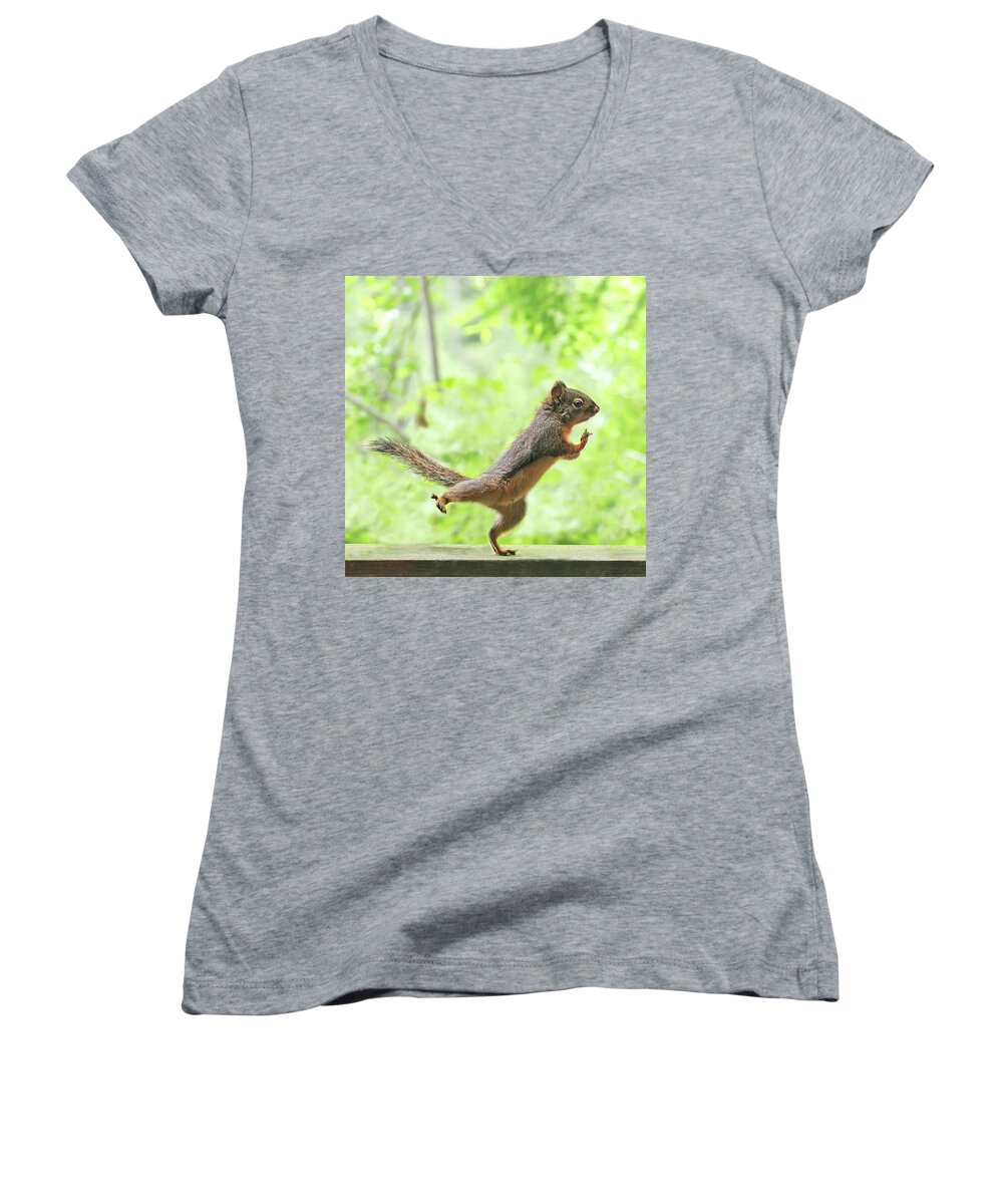 Squirrel Women's V-Neck featuring the photograph The Yoga Student by Peggy Collins