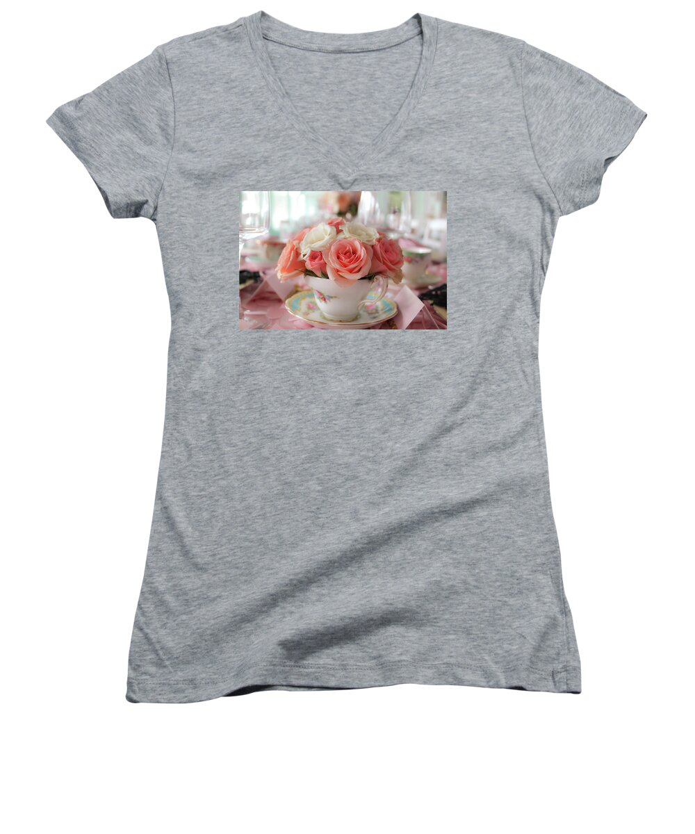 Tea Women's V-Neck featuring the photograph Teacup Roses by Alison Frank