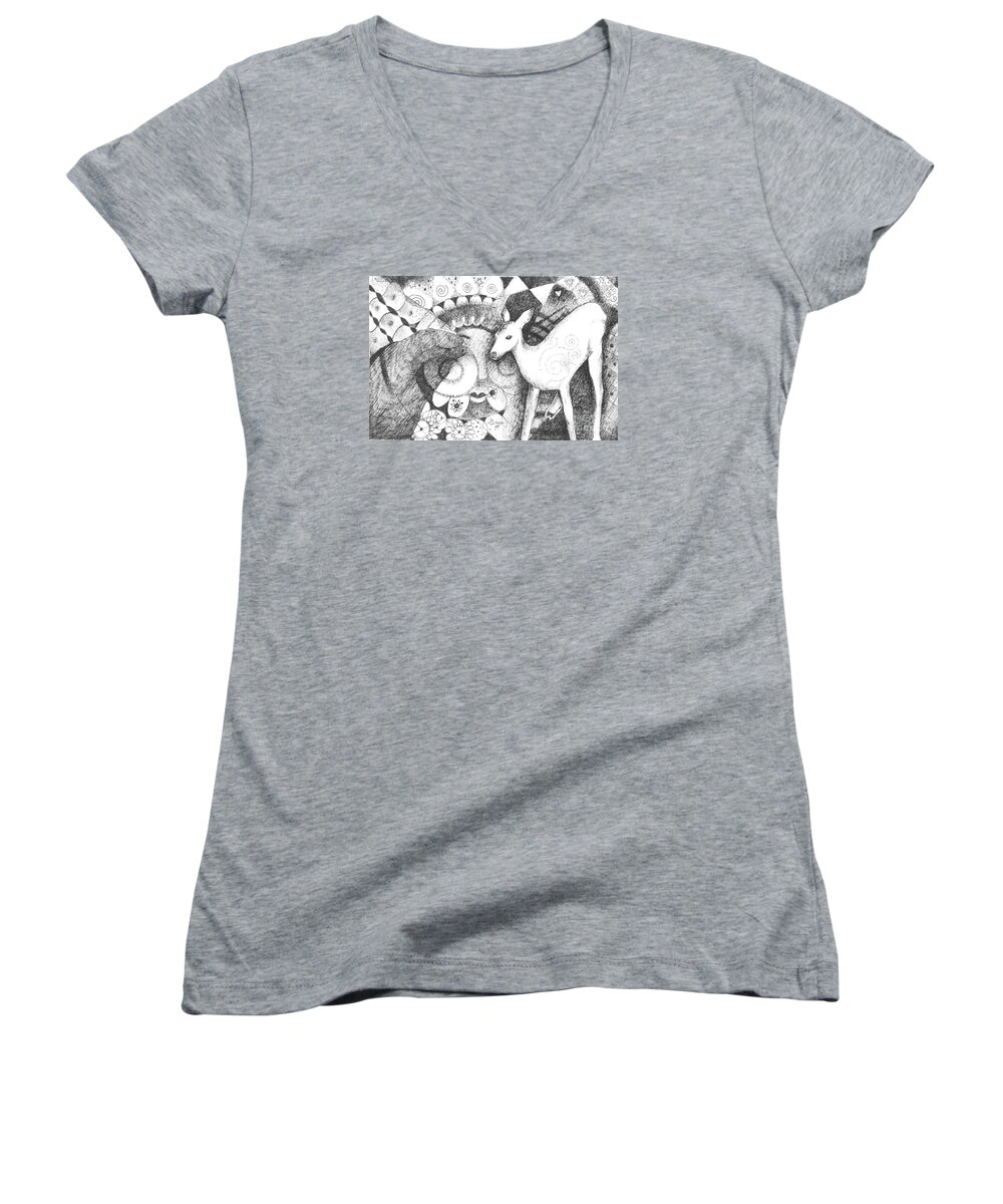 Deer Women's V-Neck featuring the drawing Thinking of Mary by Helena Tiainen