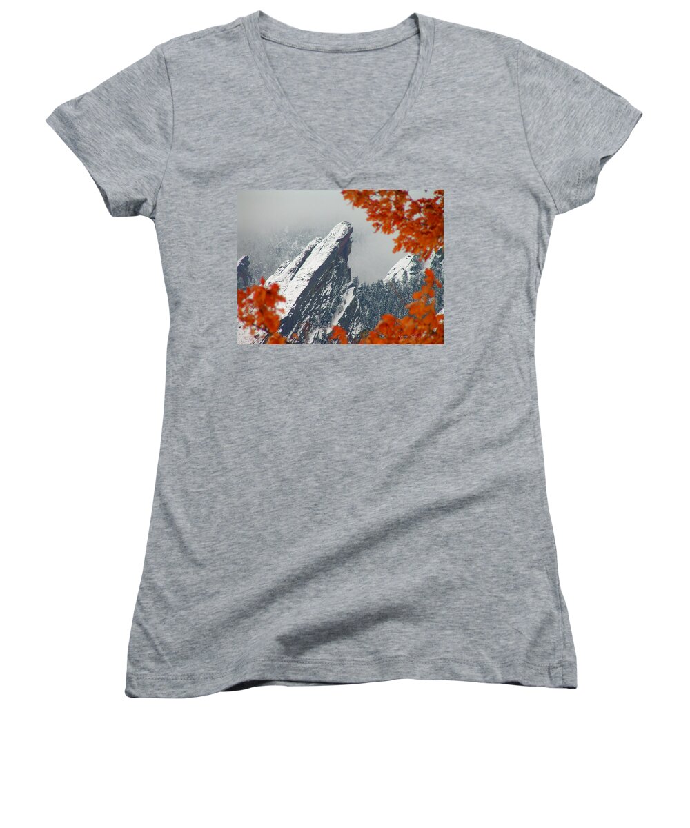 Flatirons Boulder Colorado Winter Fall Autumn Nature Rocky Mountains Zen Simple Women's V-Neck featuring the photograph Third Flatiron by George Tuffy