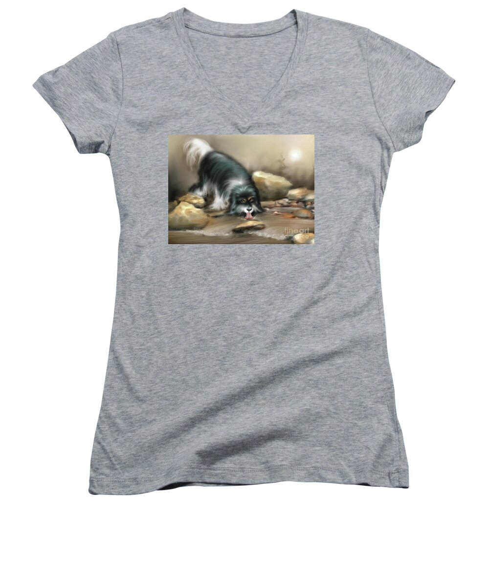 Dog Women's V-Neck featuring the painting Thirsty by Artificium -
