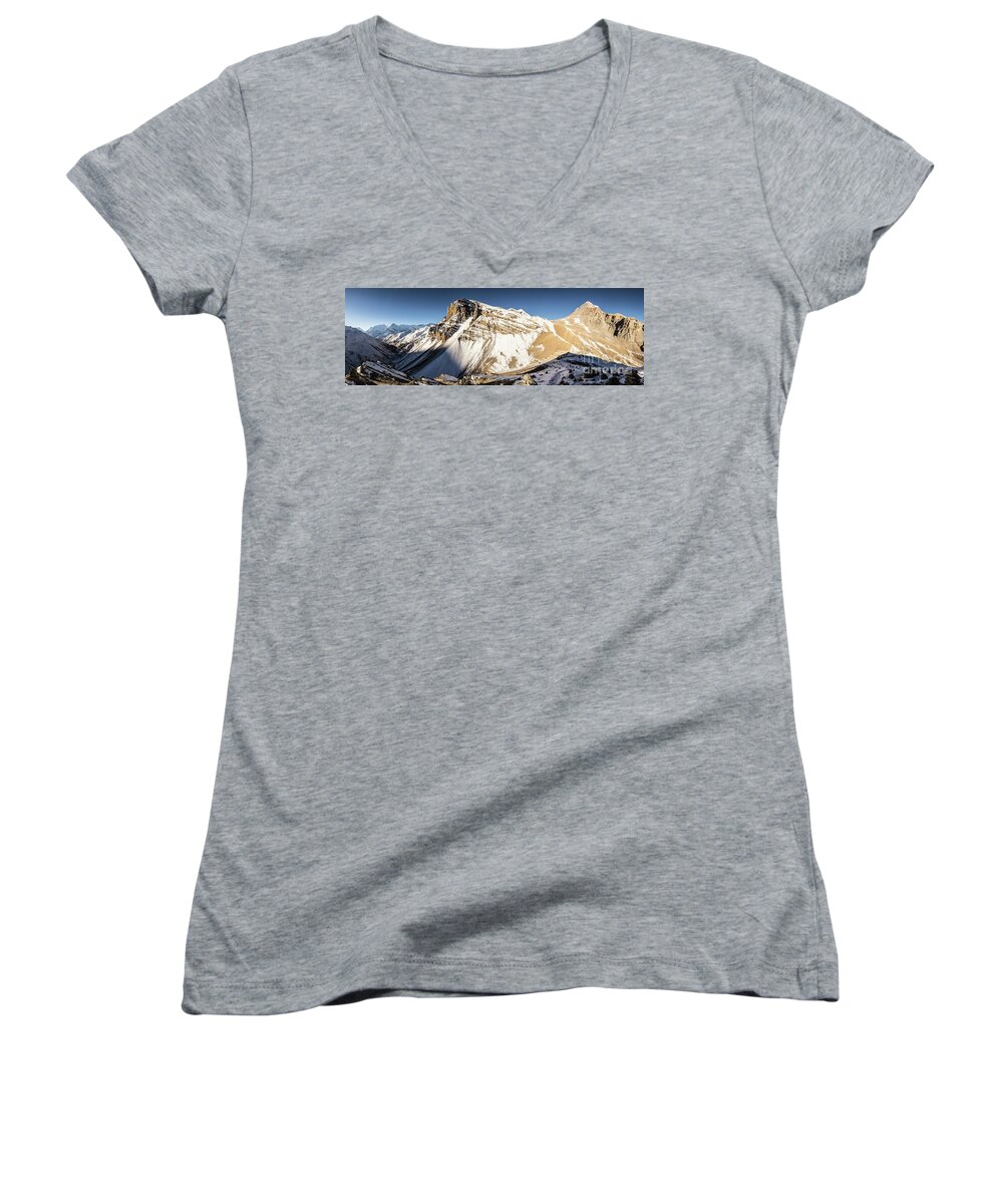 Annapurna Circuit Women's V-Neck featuring the photograph Thorung La pass in the Annapurna range in the Himalayas in Nepal by Didier Marti