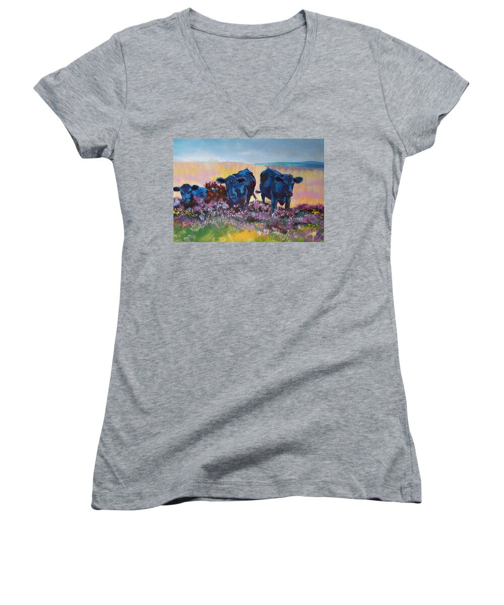Cow Women's V-Neck featuring the painting Three Black Cows on Dartmoor by Mike Jory