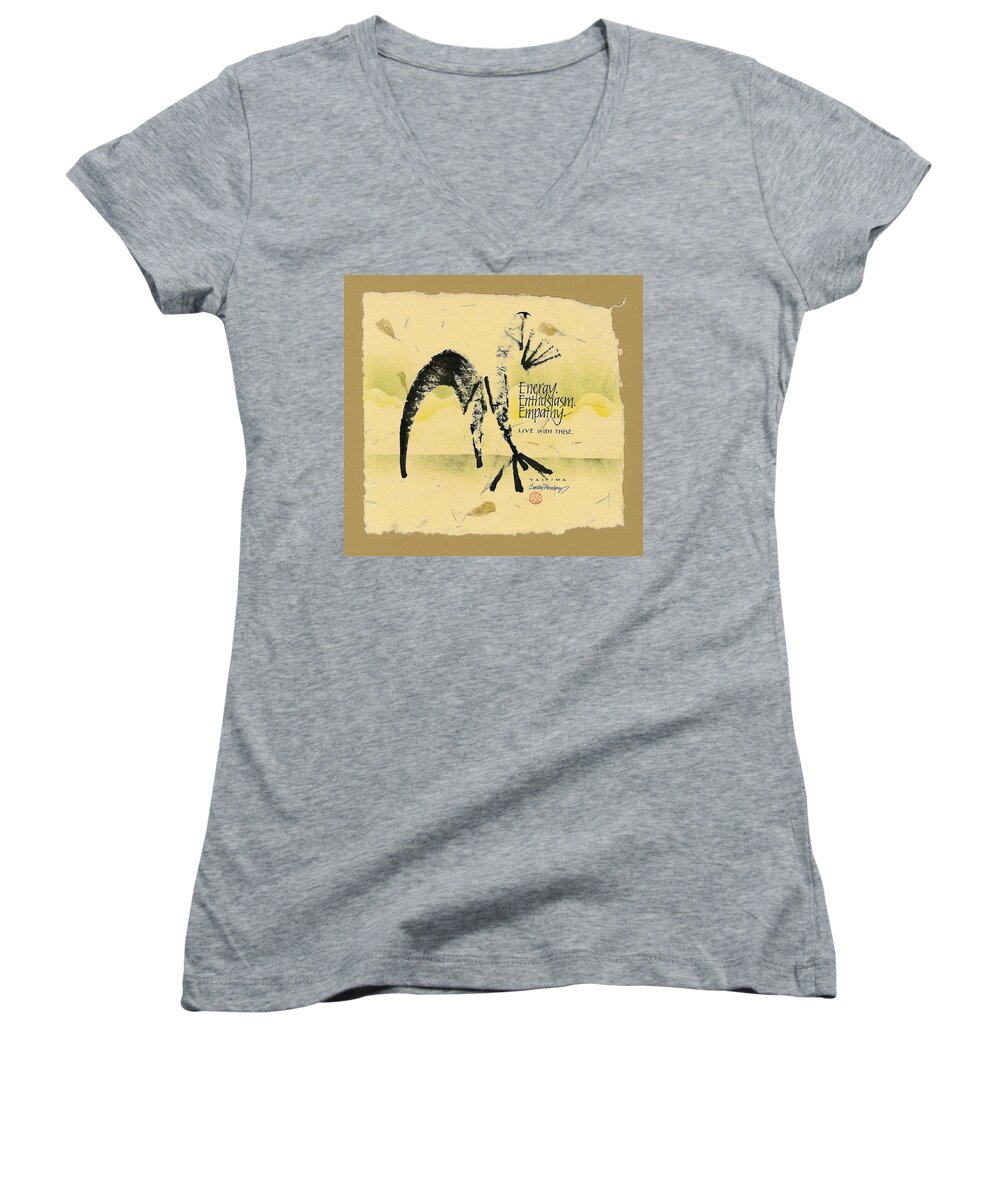 Sumi Ink Women's V-Neck featuring the drawing Three E's by Sally Penley