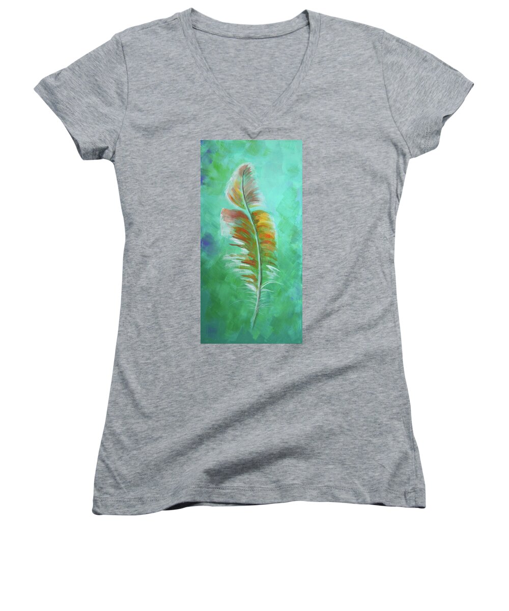 Feather Women's V-Neck featuring the painting Three Feathers triptych-left panel by Agata Lindquist
