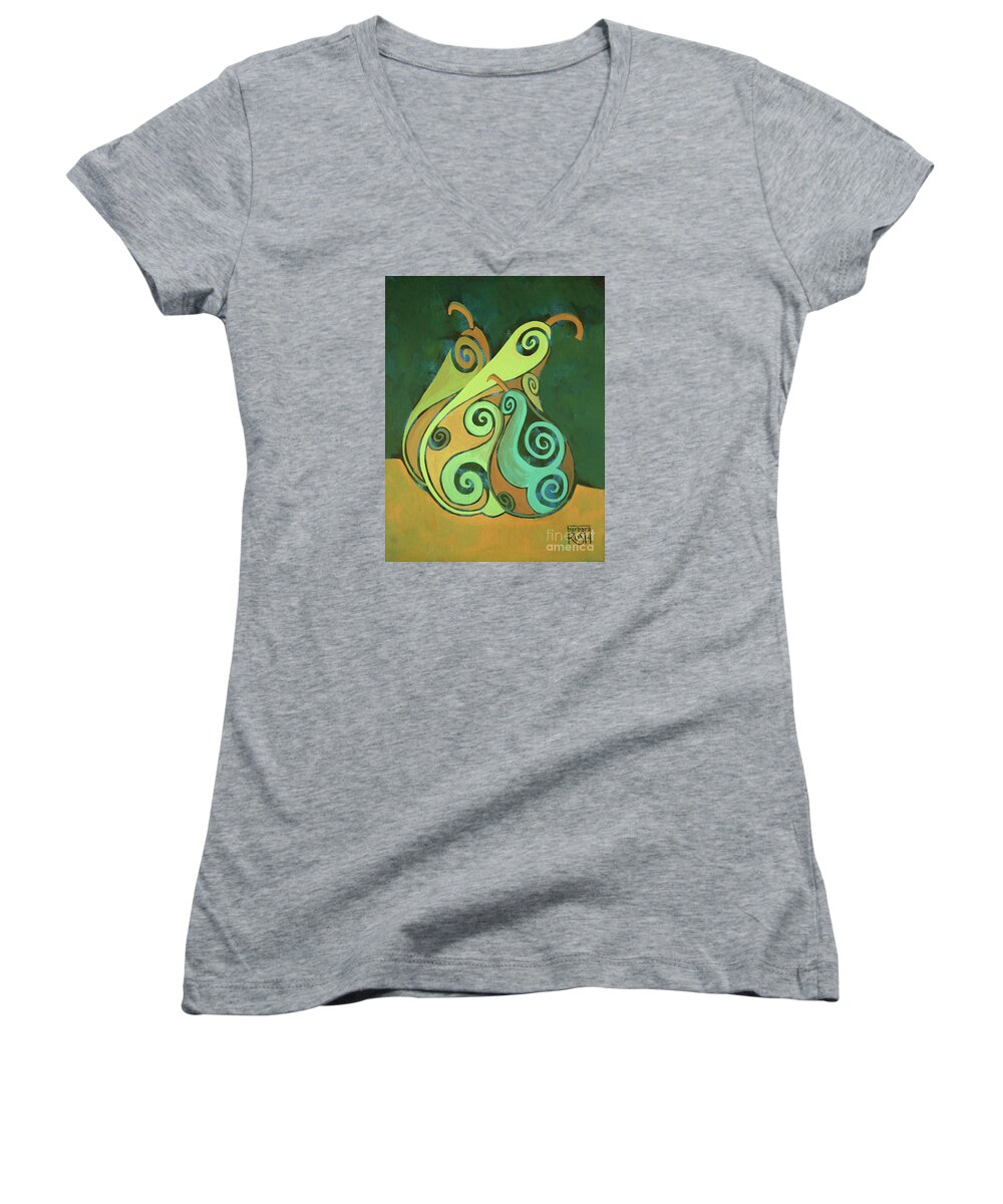 Pear Art Women's V-Neck featuring the painting Three Groovy Little Pears by Barbara Rush