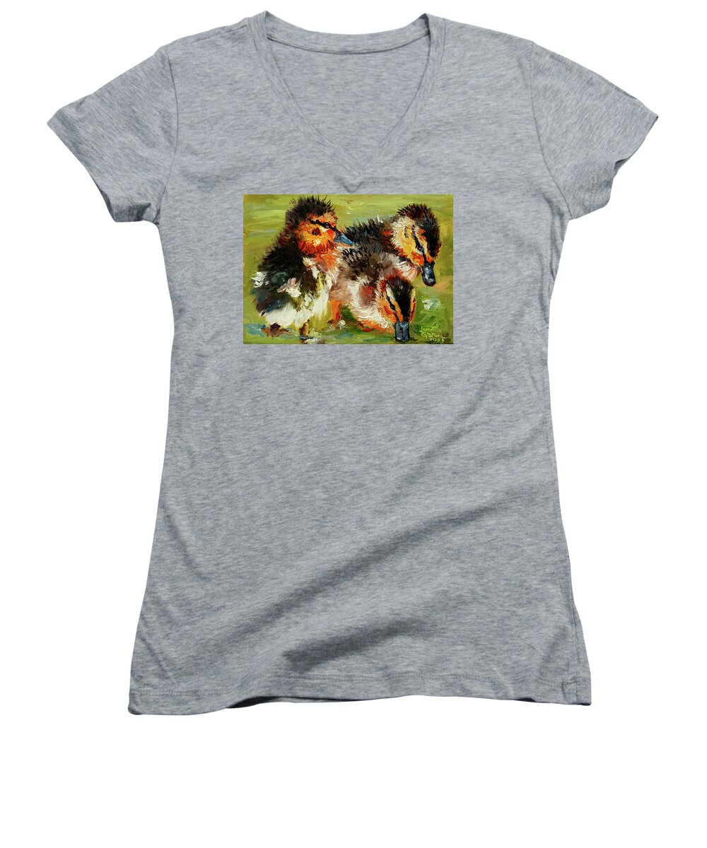 Animals Women's V-Neck featuring the painting Three Little Ducks by Janet Garcia