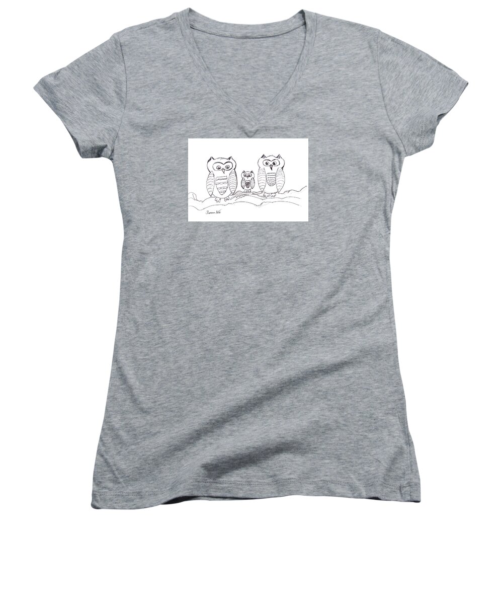 Owls Women's V-Neck featuring the drawing Three Little Owls by Ramona Matei