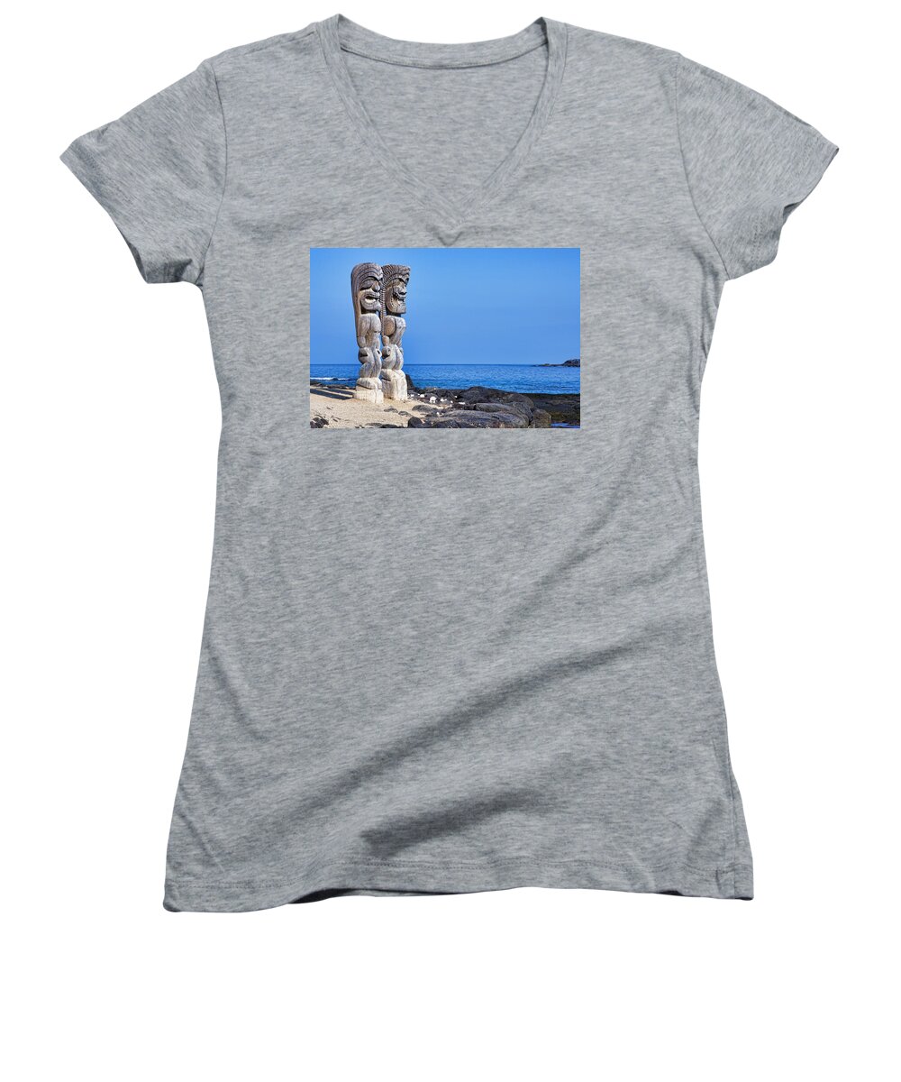 Tiki Women's V-Neck featuring the photograph Tikis in Paradise by Kelley King