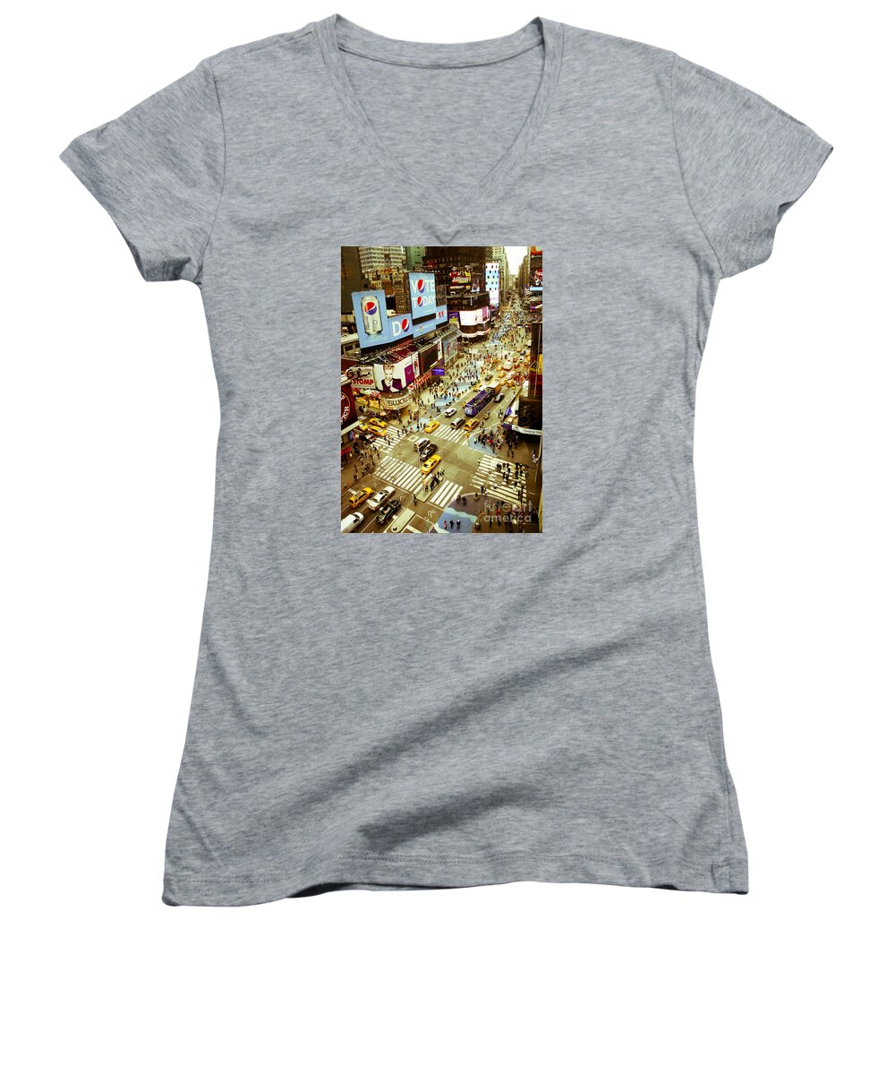 Times Square Women's V-Neck featuring the digital art Times Square traffic by Perry Van Munster