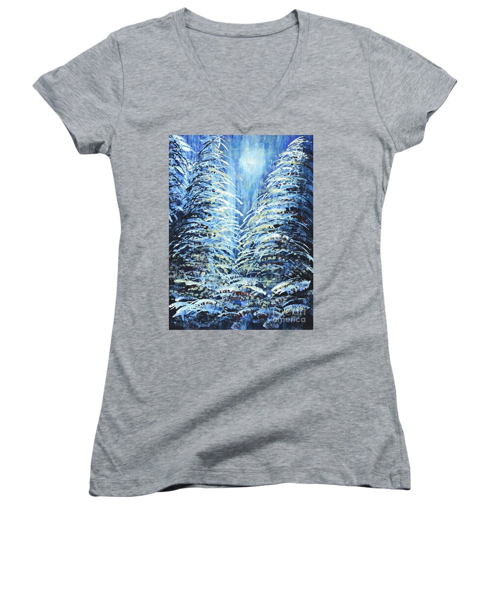 Forest Women's V-Neck featuring the painting Tim's Winter Forest by Holly Carmichael