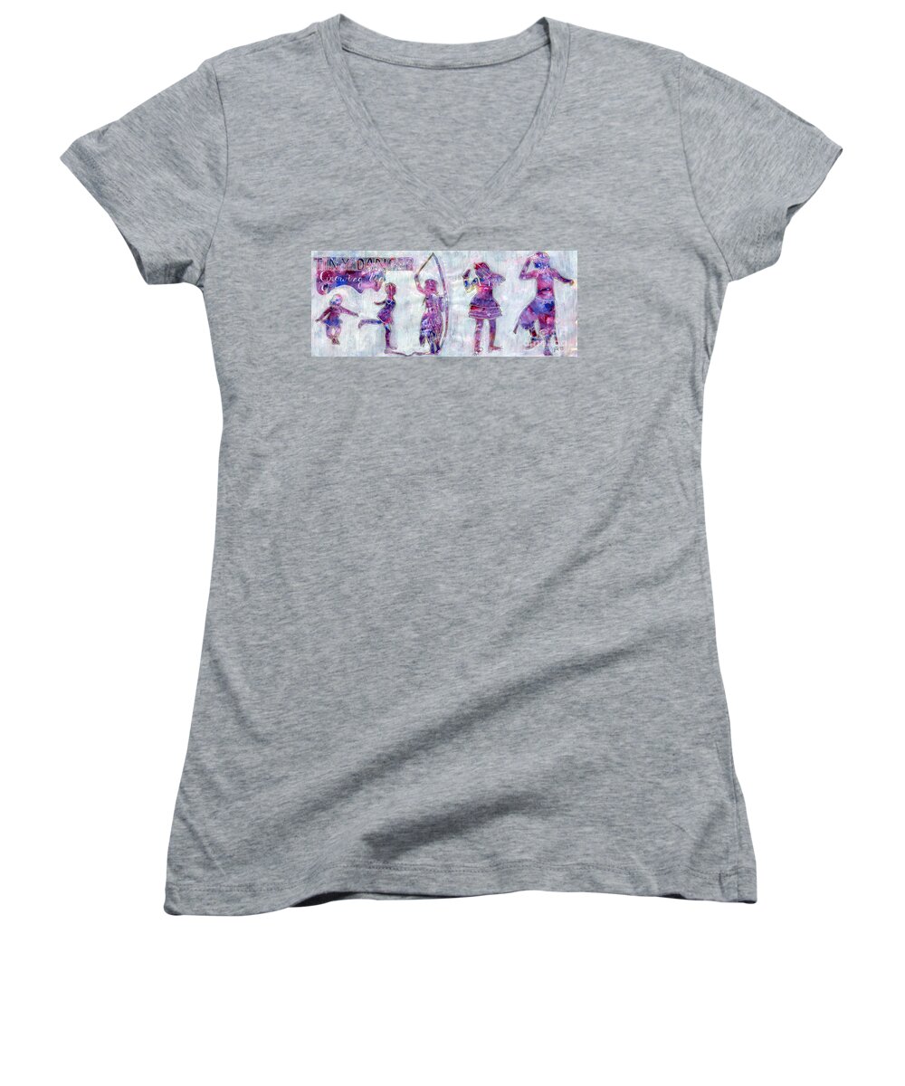 Lori Kingston Women's V-Neck featuring the mixed media Tiny Dancer Growing Up by Lori Kingston