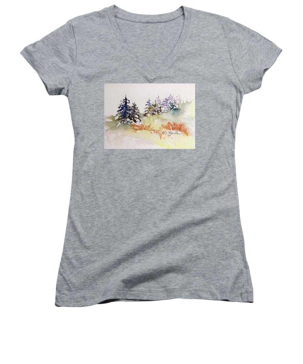 Trees Women's V-Neck featuring the painting Tiny Winter Treescape by Marsha Karle