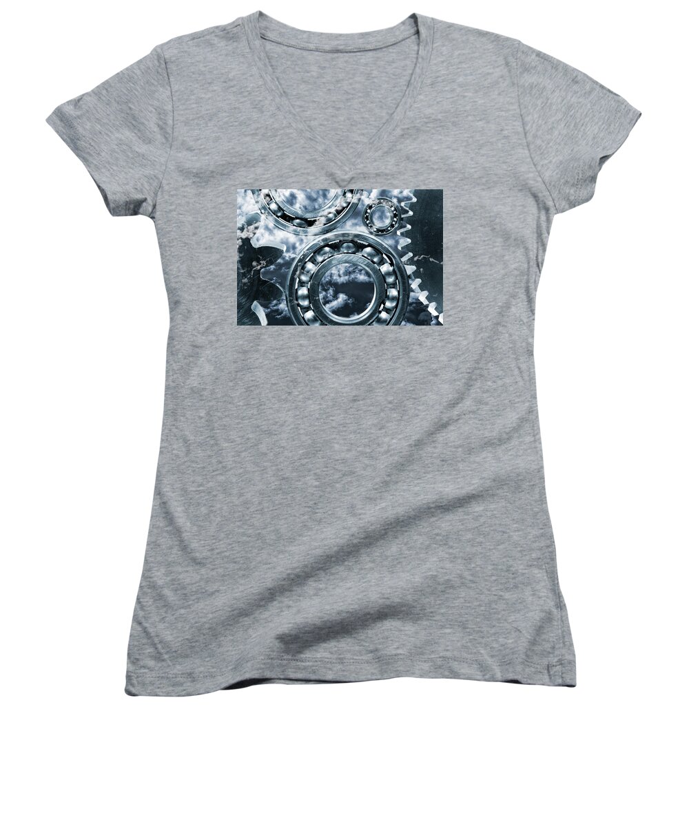 Cogwheels Women's V-Neck featuring the photograph Titanium Gears Against Storm Clouds by Christian Lagereek