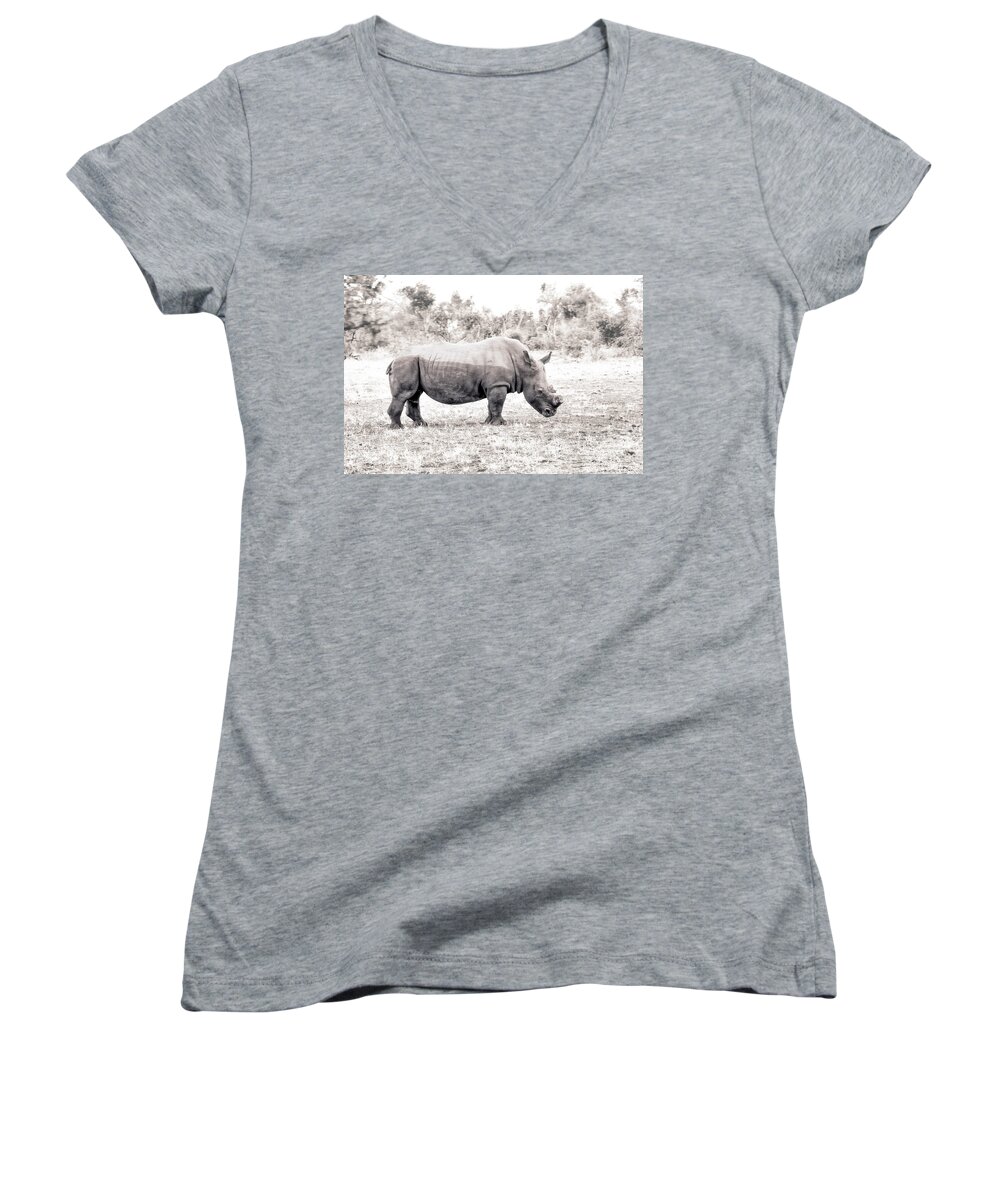 Rhino Women's V-Neck featuring the photograph To Survive by Juergen Klust