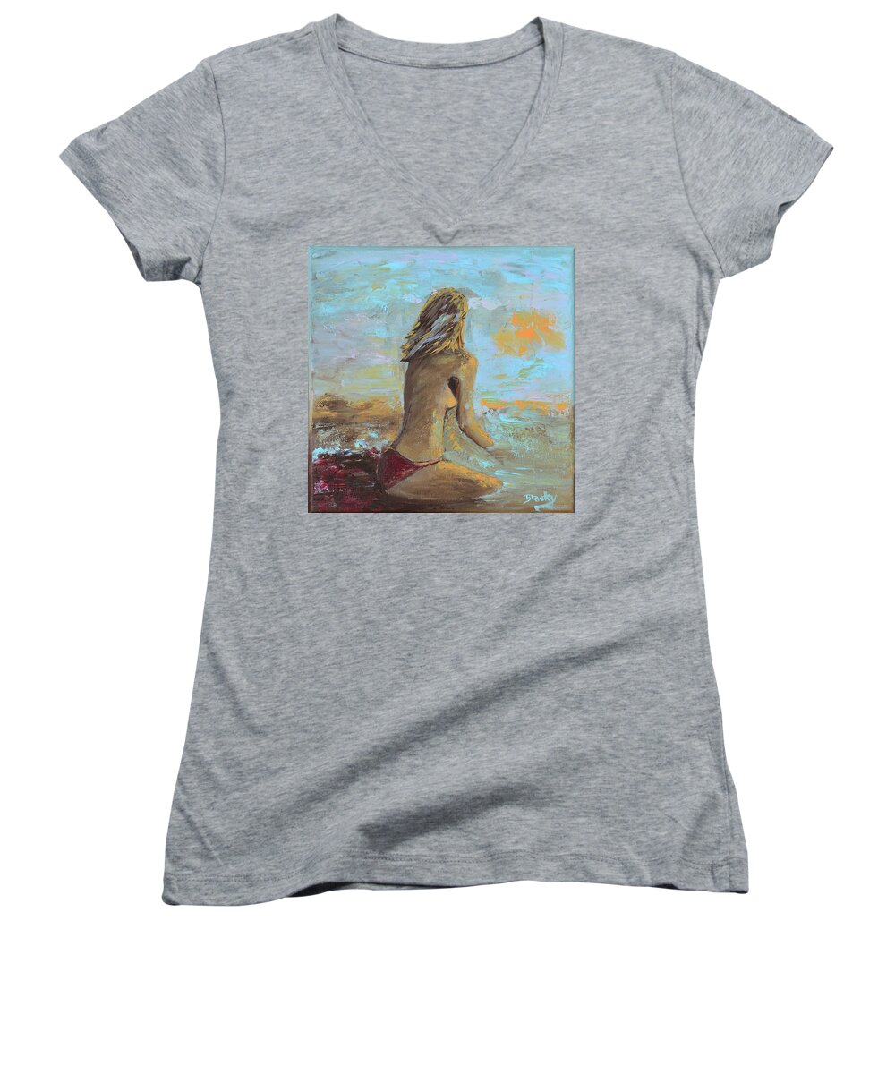 Beach Women's V-Neck featuring the painting Topless Beach by Donna Blackhall