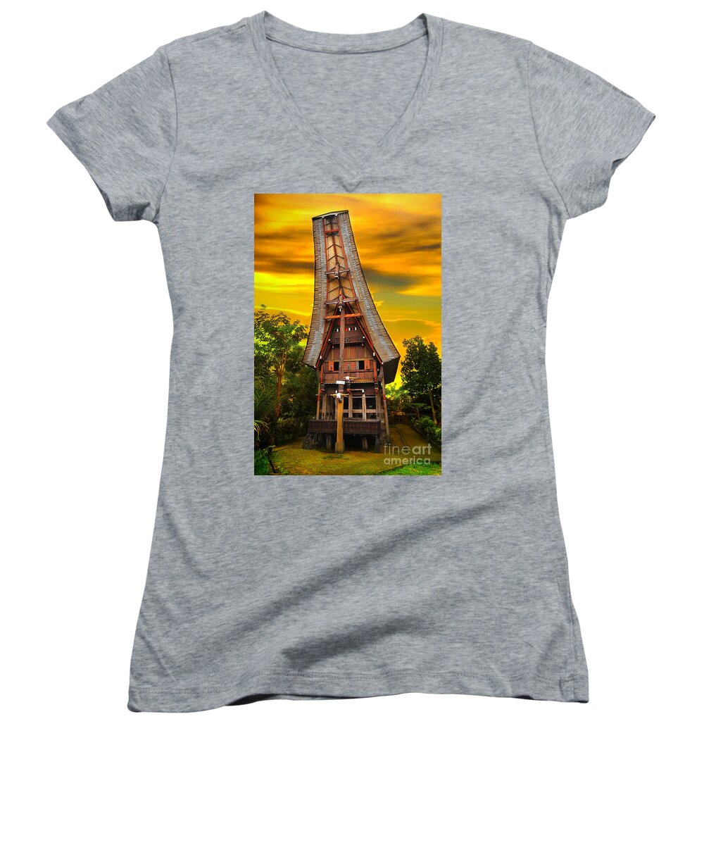Toraja Women's V-Neck featuring the photograph Toraja Architecture by Charuhas Images