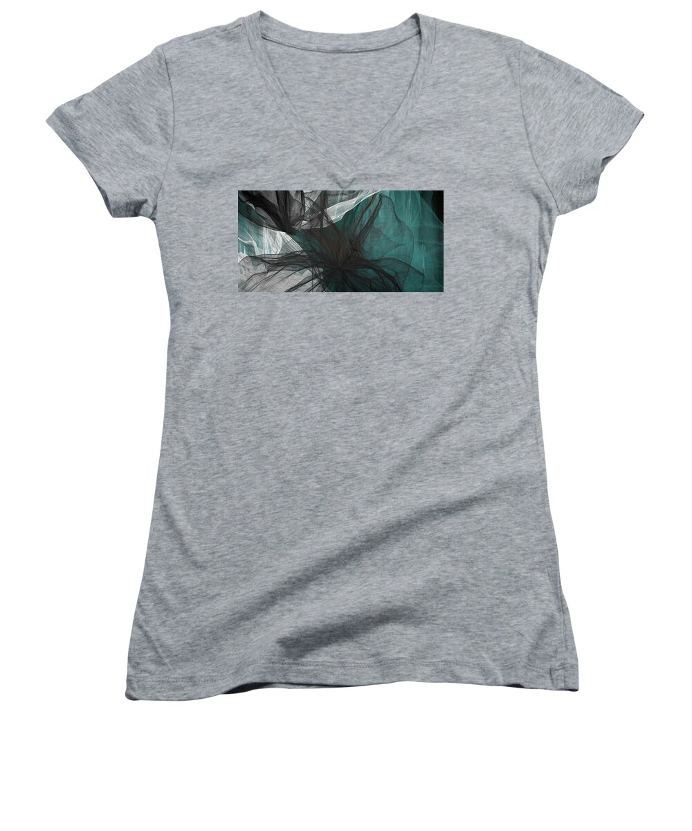 Turquoise Art Women's V-Neck featuring the painting Touch Of Class - Black and Teal Art by Lourry Legarde
