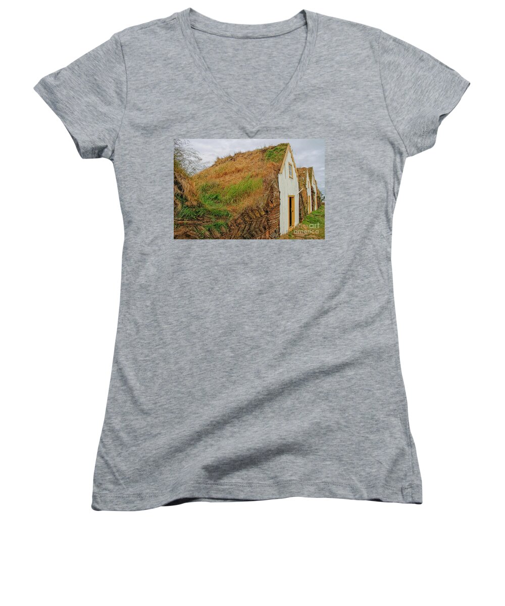 Angle Women's V-Neck featuring the photograph Traditional turf houses in Iceland by Patricia Hofmeester