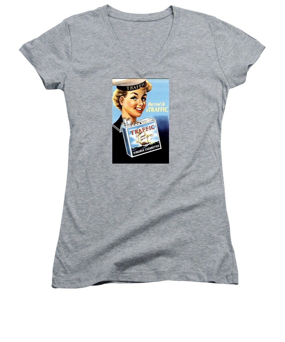 Tobacco Ads Women's V-Neck featuring the digital art Traffic Cigarette by Kim Kent