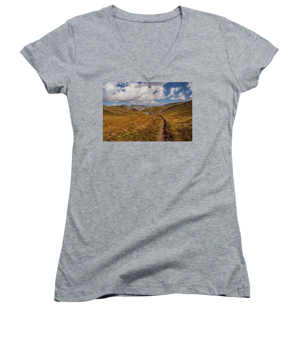 Rocky Mountains Women's V-Neck featuring the photograph Trail Dancing by Doug Scrima