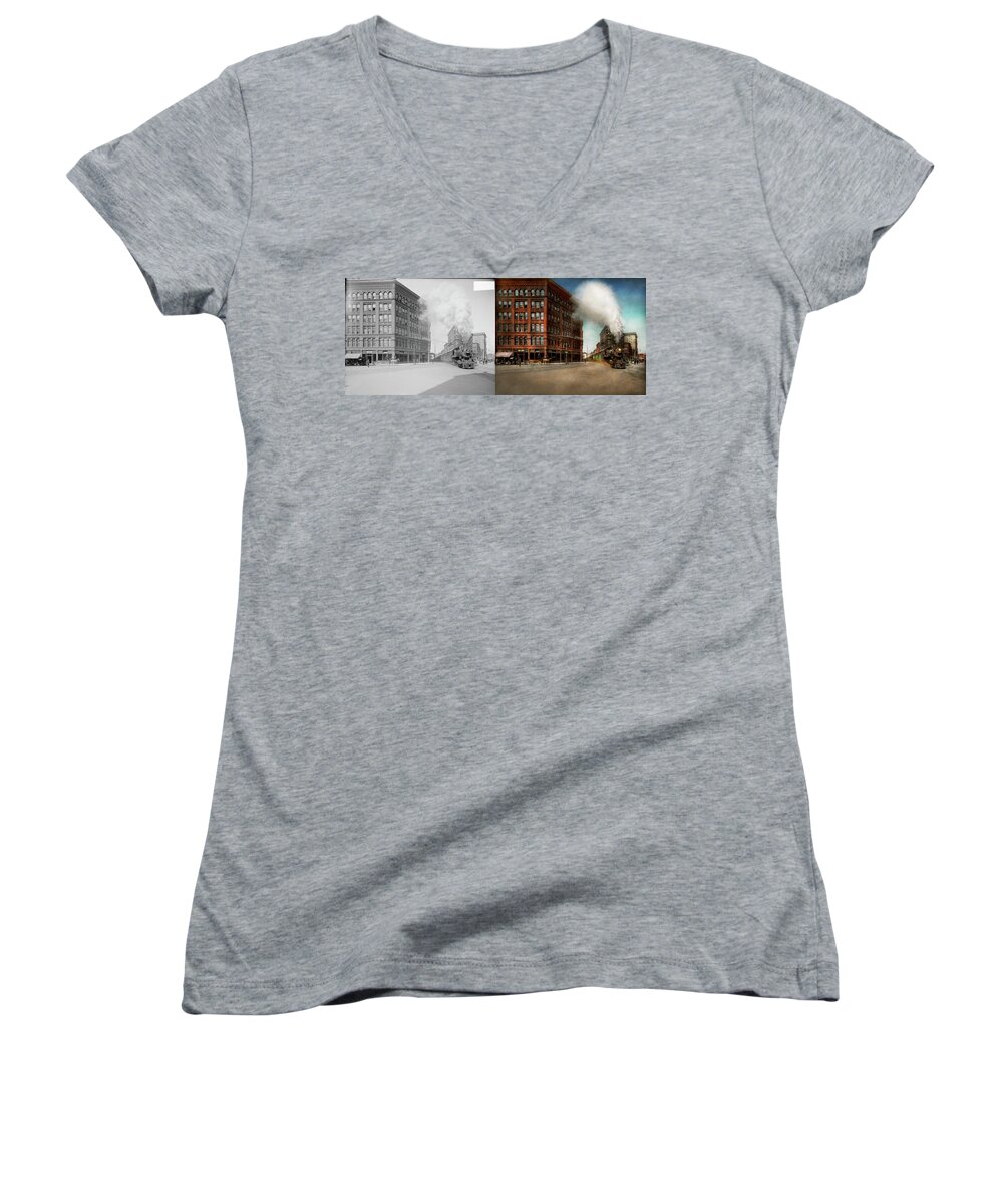 Right On Time Women's V-Neck featuring the photograph Train - Respect the train 1905 - Side by Side by Mike Savad