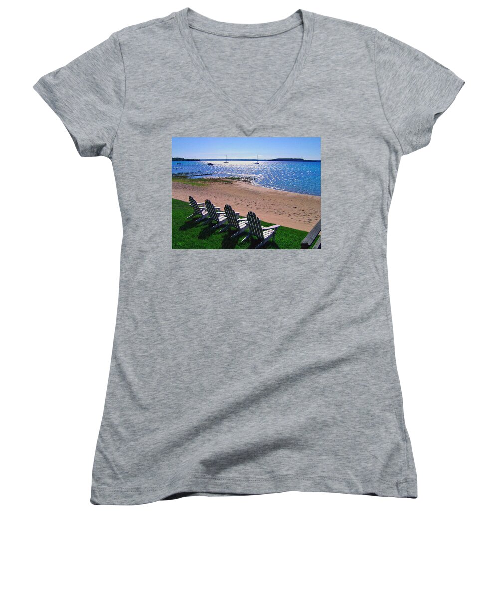 Traverse Bay Reverie Women's V-Neck featuring the photograph Traverse Bay Reverie by Kris Rasmusson