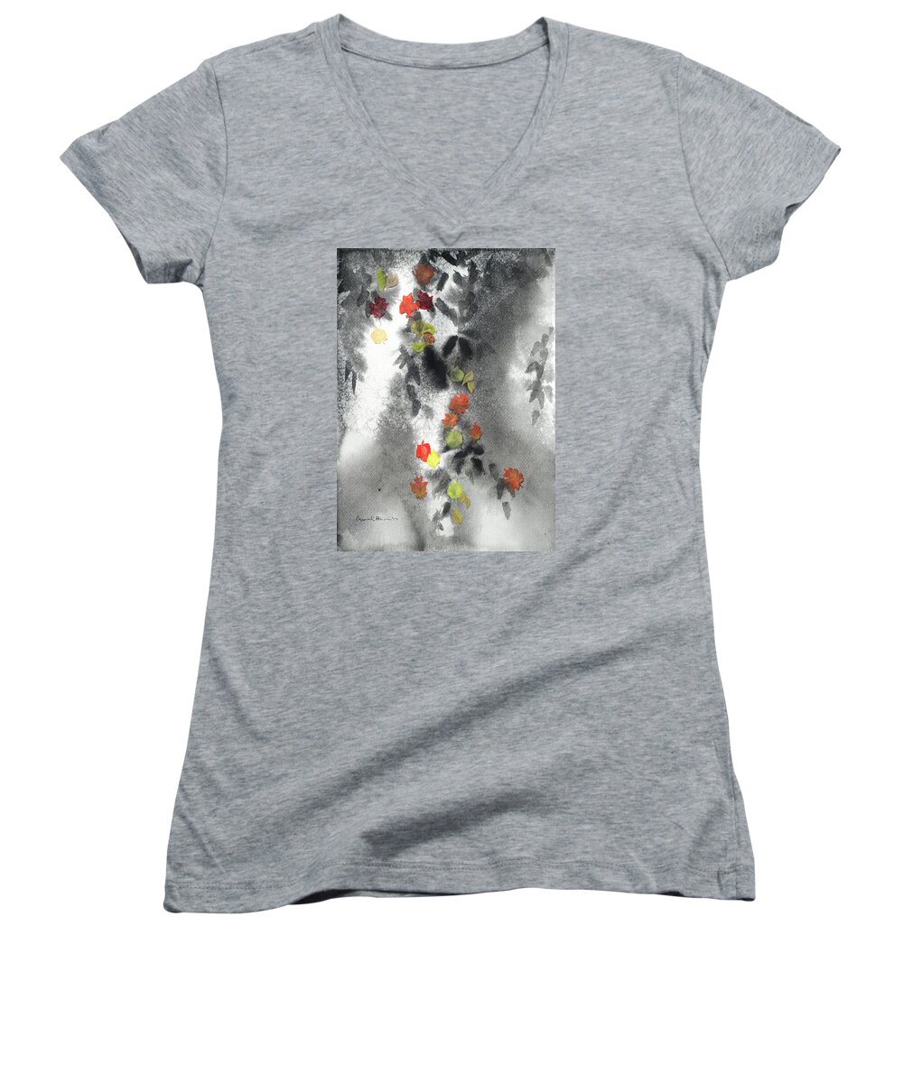 Watercolor Women's V-Neck featuring the painting Tree Shadows and Fall Leaves by Lynn Hansen