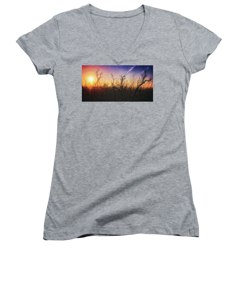 Silhouette Women's V-Neck featuring the photograph Treetop Silhouette - Sunset at Lapham Peak #1 by Jennifer Rondinelli Reilly - Fine Art Photography