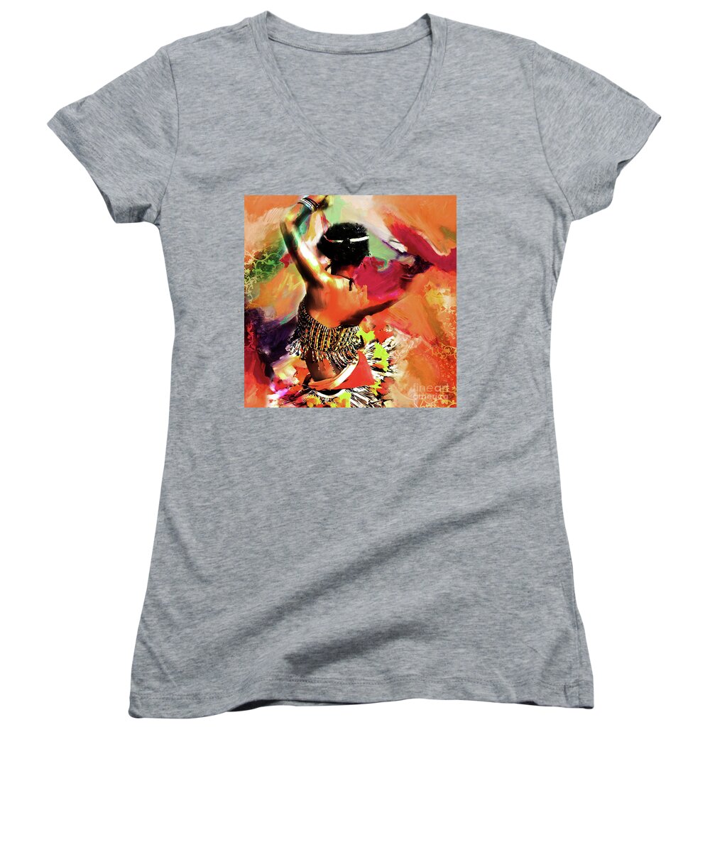Tribe Women's V-Neck featuring the painting Tribal Dance 0321 by Gull G