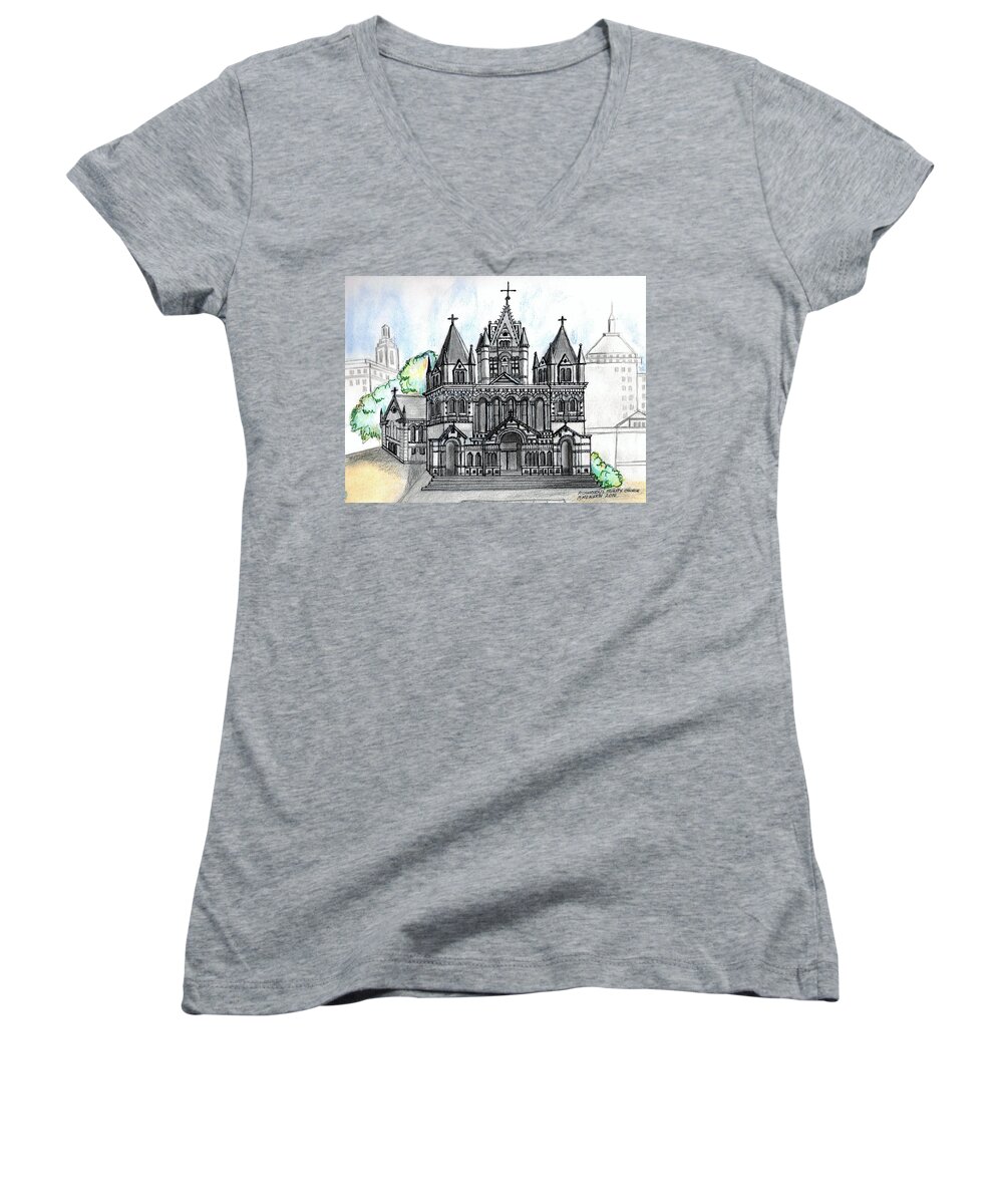 Old New England Churches Women's V-Neck featuring the drawing Trinity Church Boston by Paul Meinerth